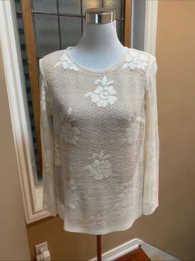 Women's Cream Floral Knit Lined Long-Sleeve Top